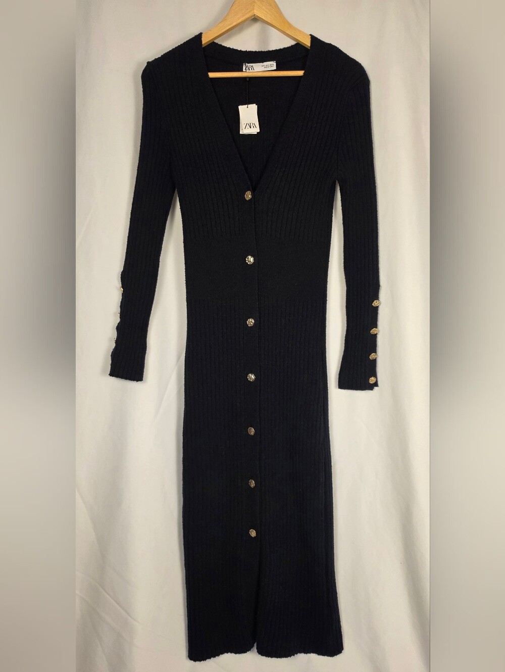 Zara Ribbed Knit Gold Button Front Long Sleeve Midi Dress